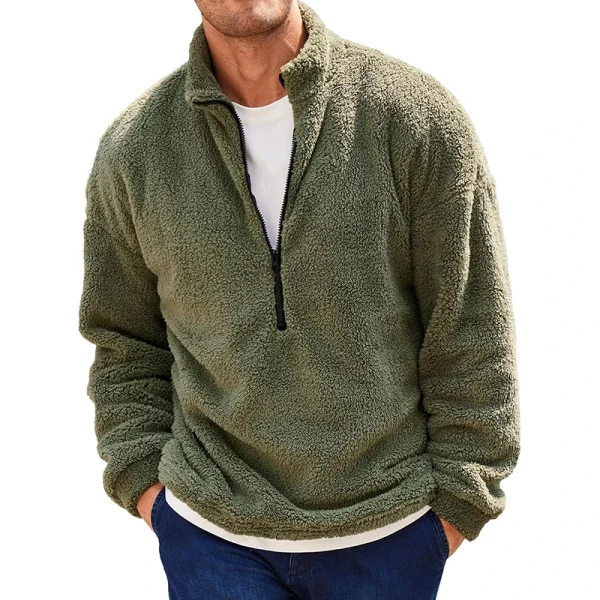 Men s Fall Fleece Quarter Zip Pullover Solid Color Stand Collar Long Sleeve Fuzzy Sherpa Warm Sweatshirt - Image 2