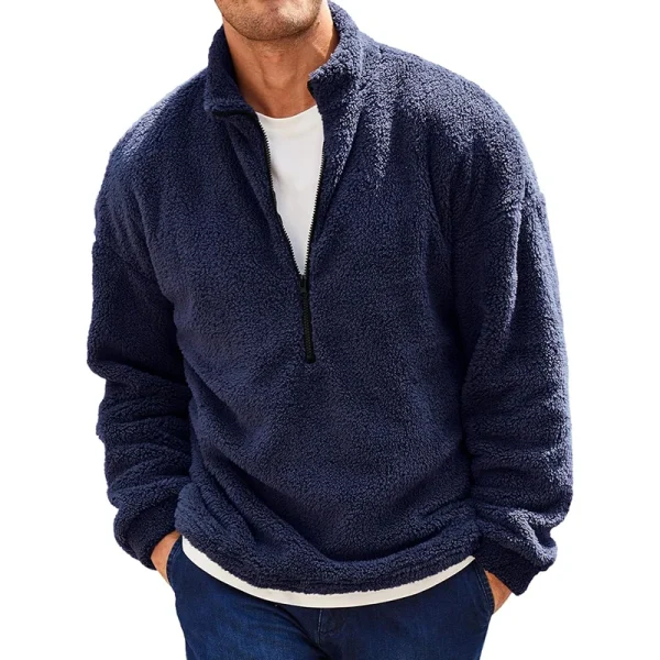 Men s Fall Fleece Quarter Zip Pullover Solid Color Stand Collar Long Sleeve Fuzzy Sherpa Warm Sweatshirt